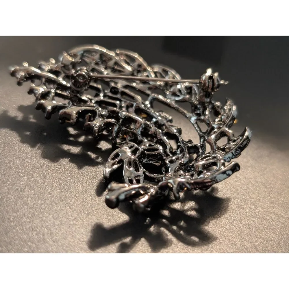 Vintage Aurora Borealis Rhinestone Floral Spray Brooch Gunmetal Statement Pin 2